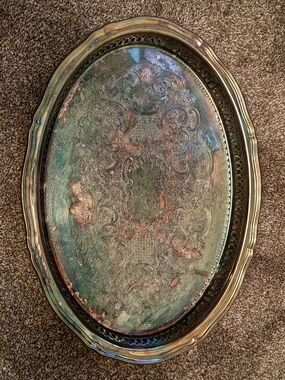 Onieda USA Ornate Oval Serving Tray in Aged Silver Plated Green and Gold